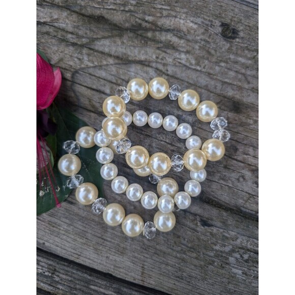 Vintage Faux Pearl Bracelet Stack, 3 Pearly Stretch Bracelets - Picture 2 of 10